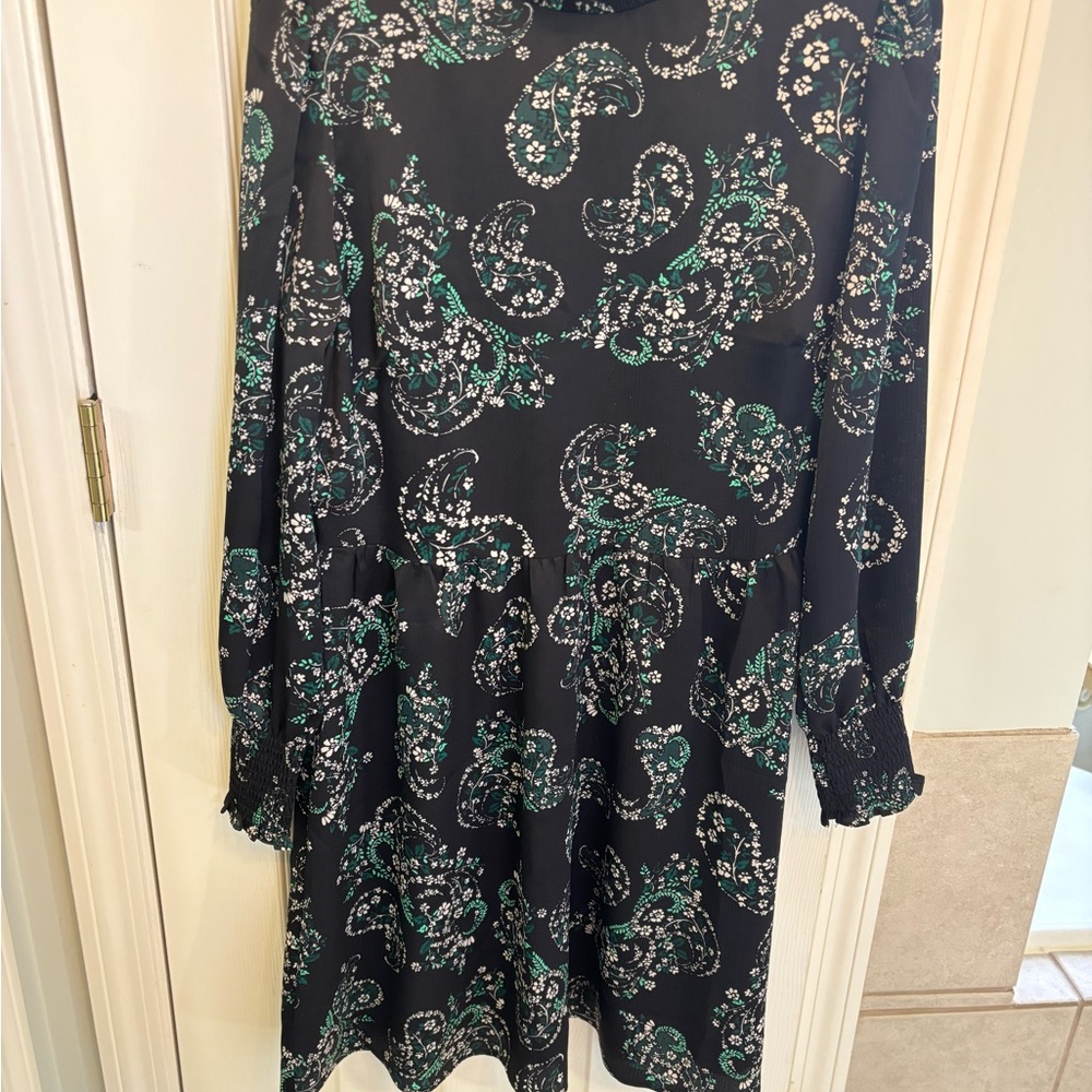 LOFT Black and Green Midi Dress with Long Bishop Sleeves and Ruffled Hem